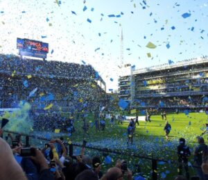 Boca Juniors fans going crazy in lower tier sideline at a Superclasico