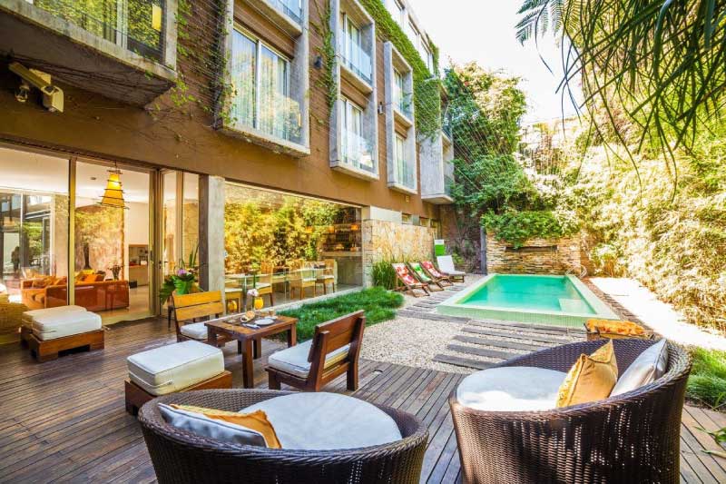 Outdoor hotel patio and pool