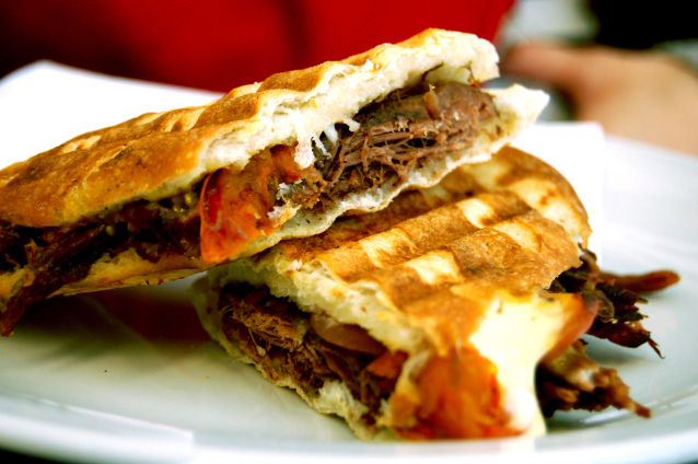 Cubano style sandwich in halves at Latino Sandwich, Centro Buenos Aires