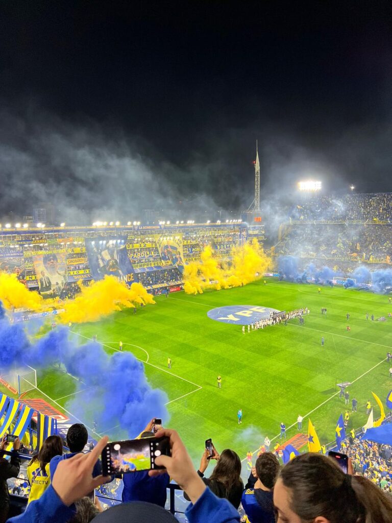 Pregame celebration at La Bombonera with smoke bombs being set off